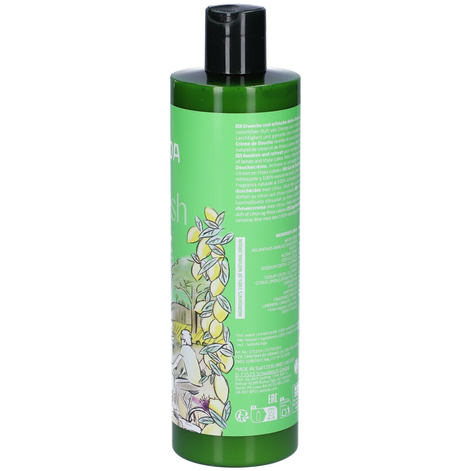 Retro del flacone verde di WELEDA Refresh Doccia Cremosa. Tappo nero. Informazioni e testo sul prodotto.