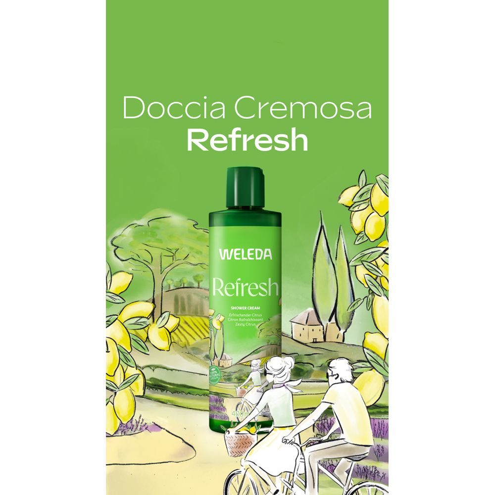 Pubblicità per WELEDA Doccia Cremosa Refresh. Bottiglia verde su sfondo verde. Illustrazione di limoni.