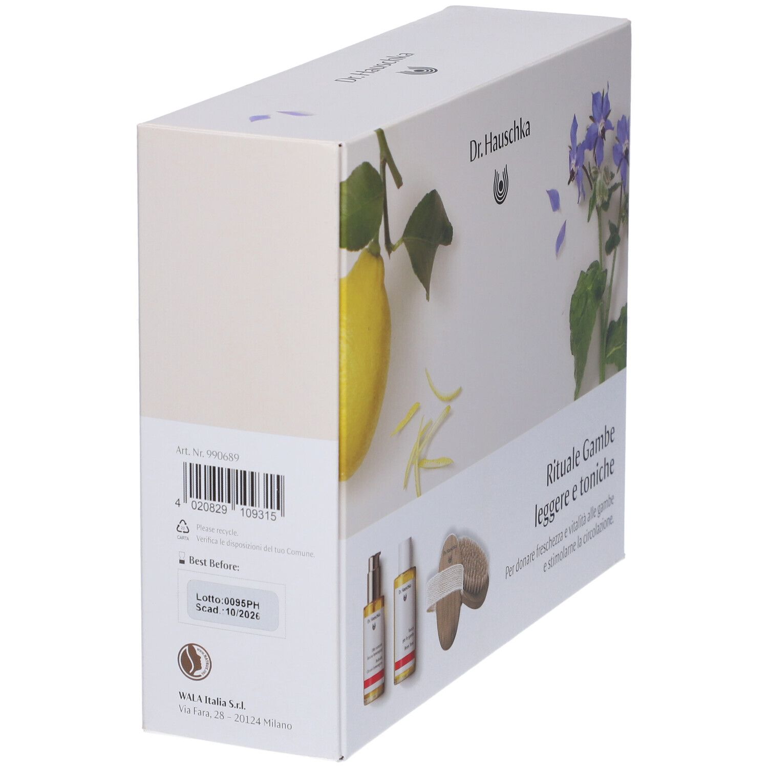 Confezione in cartone angolata con immagini del prodotto. Mostra un limone, fiori e due flaconi. Testo: Rituale Gambe leggere e toniche.