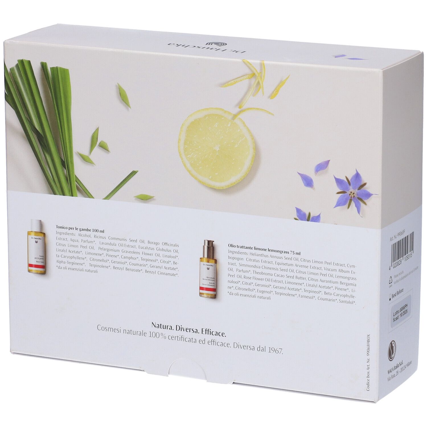 Retro della confezione in cartone con informazioni sul prodotto e ingredienti. Contiene illustrazioni di limoni, citronella e fiori.