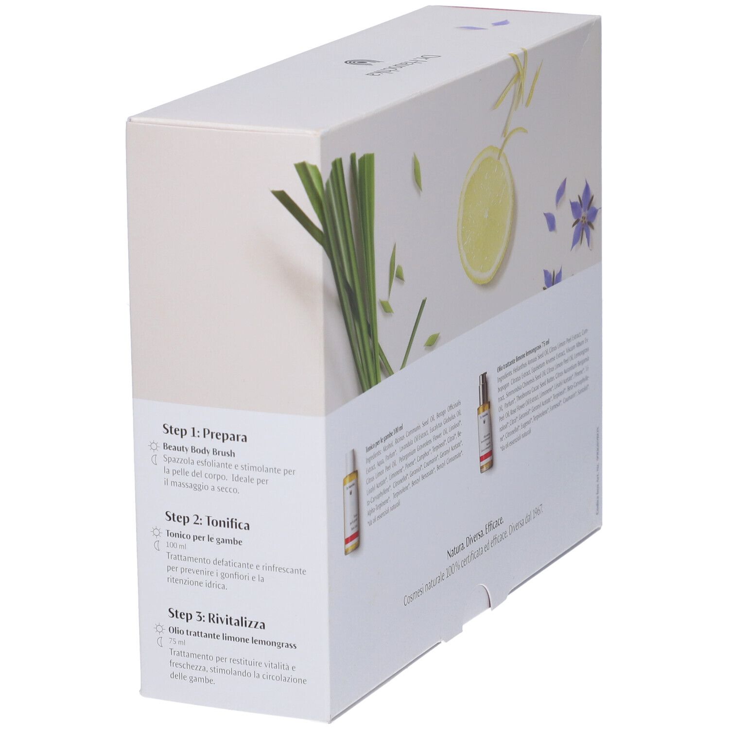 Confezione in cartone con immagini del prodotto e testo. Mostra un limone, citronella e due flaconi. Contiene istruzioni in italiano.