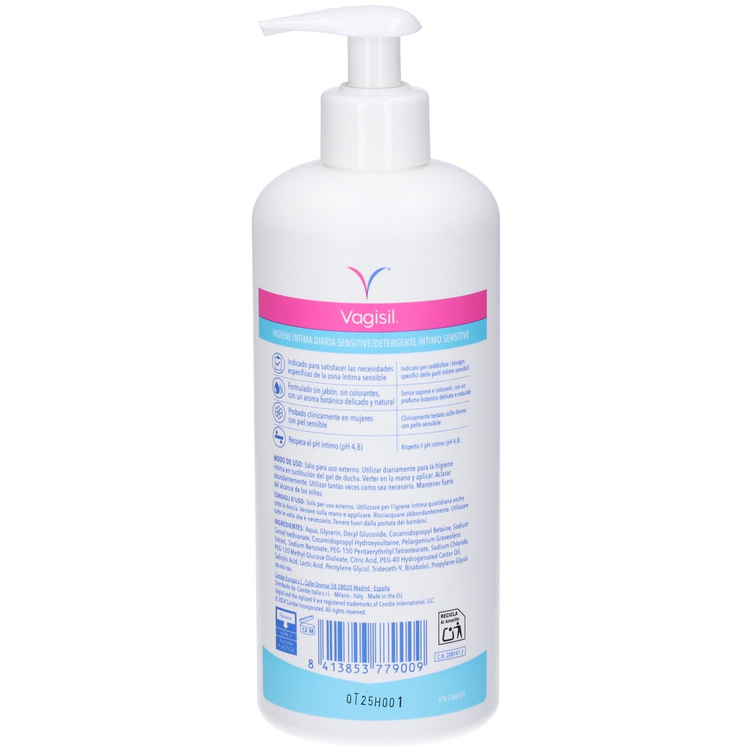 Flacone bianco con dosatore. Retro con testo sull'etichetta. Strisce rosa e azzurre. Codice a barre e logo.