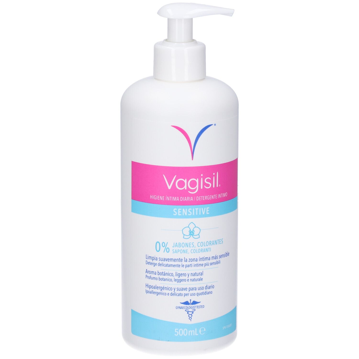 Flacone bianco con dosatore. Etichette rosa e azzurre con nome e logo del prodotto. Testo: Sensitive, 0% saponi, coloranti.