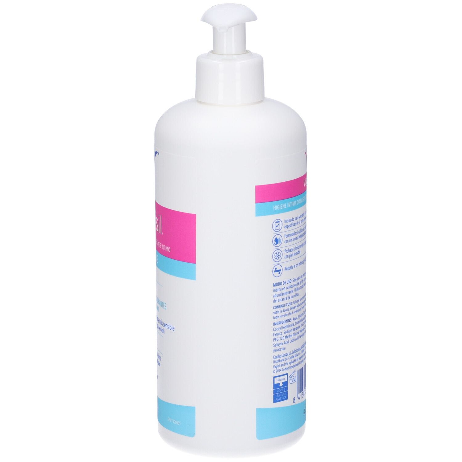 Flacone bianco con dosatore. Lato con testo sull'etichetta. Strisce rosa e azzurre. Logo e testo visibili.