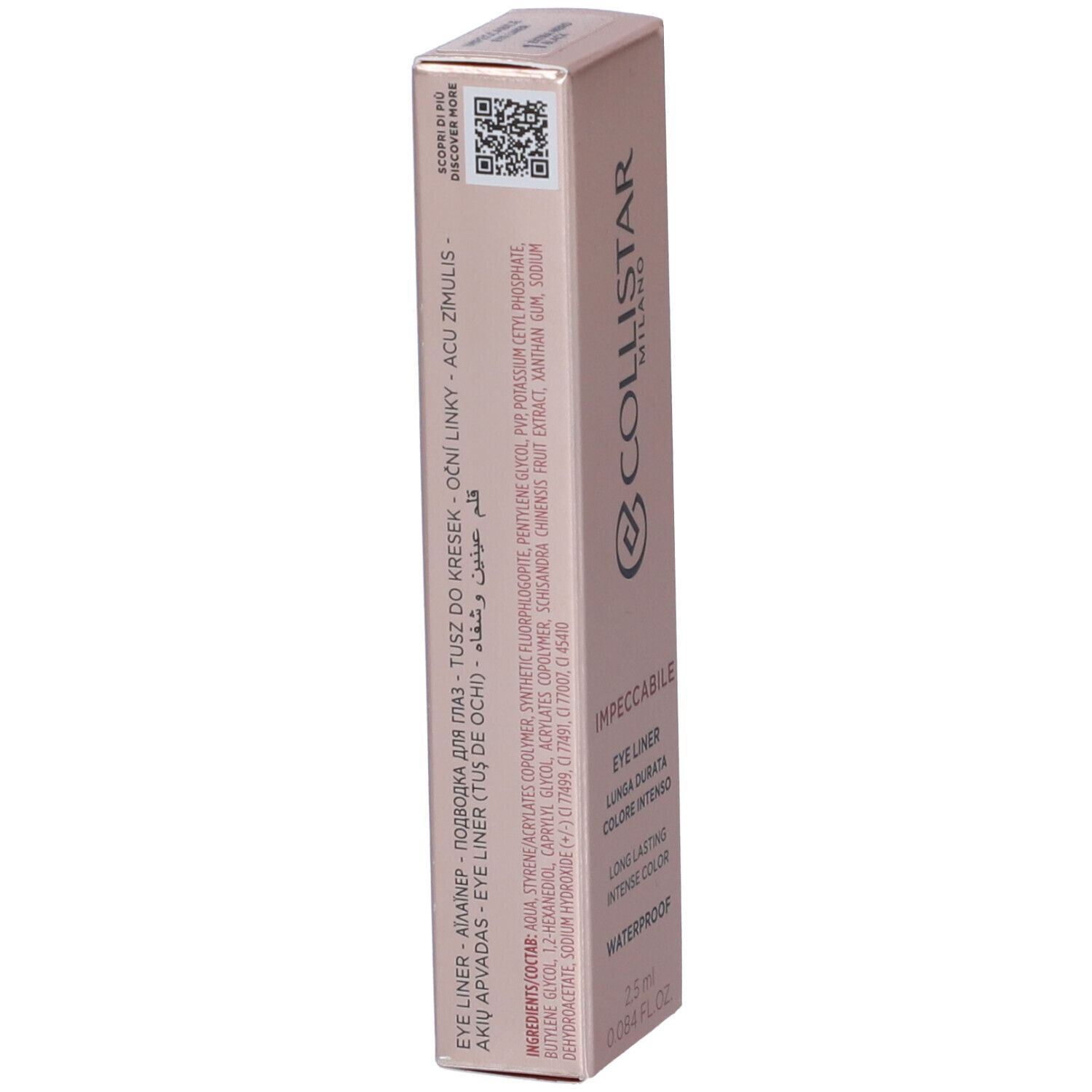 Confezione rosa dorata. Contiene eyeliner. Marchio: COLLISTAR MILANO. Testo: IMPECCABILE, WATERPROOF, 2,5 ml.