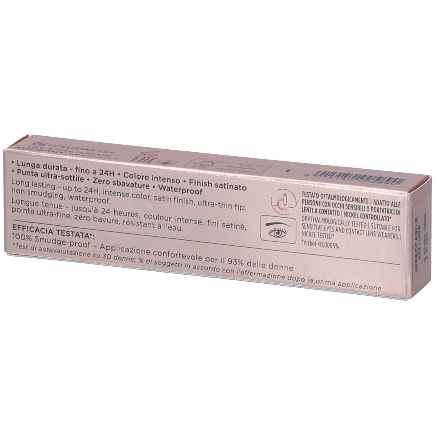 Confezione rosa dorata. Contiene eyeliner. Marchio: COLLISTAR MILANO. Testo: IMPECCABILE, WATERPROOF, 2,5 ml.