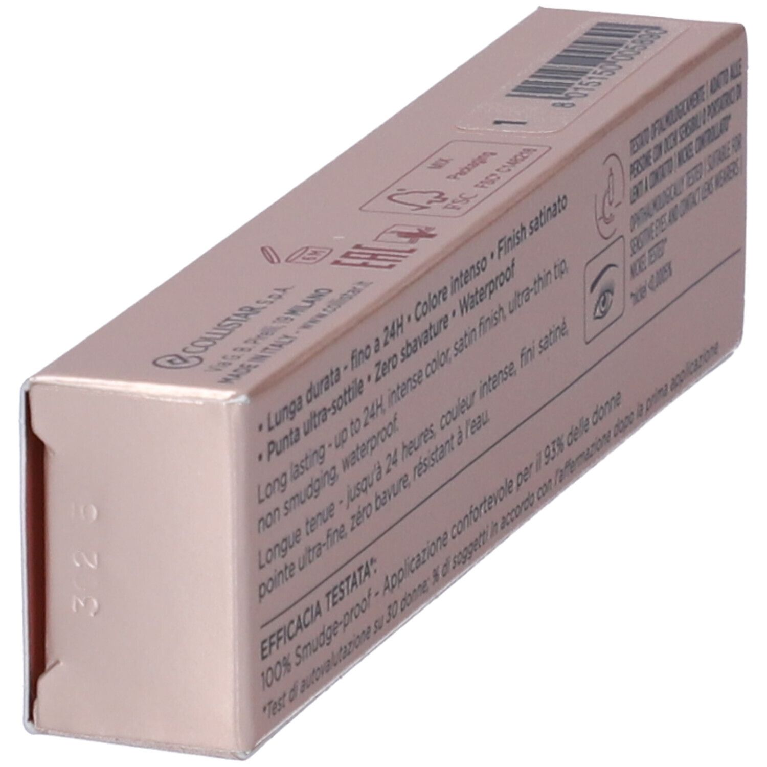 Confezione rosa dorata. Contiene eyeliner. Marchio: COLLISTAR MILANO. Testo: IMPECCABILE, WATERPROOF, 2,5 ml.