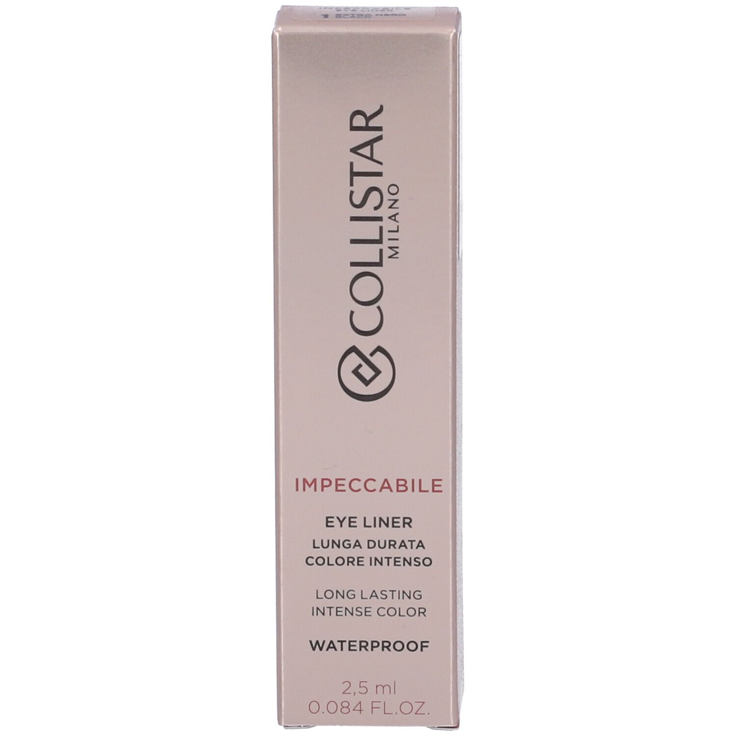 Confezione rosa dorata. Contiene eyeliner. Marchio: COLLISTAR MILANO. Testo: IMPECCABILE, WATERPROOF, 2,5 ml.