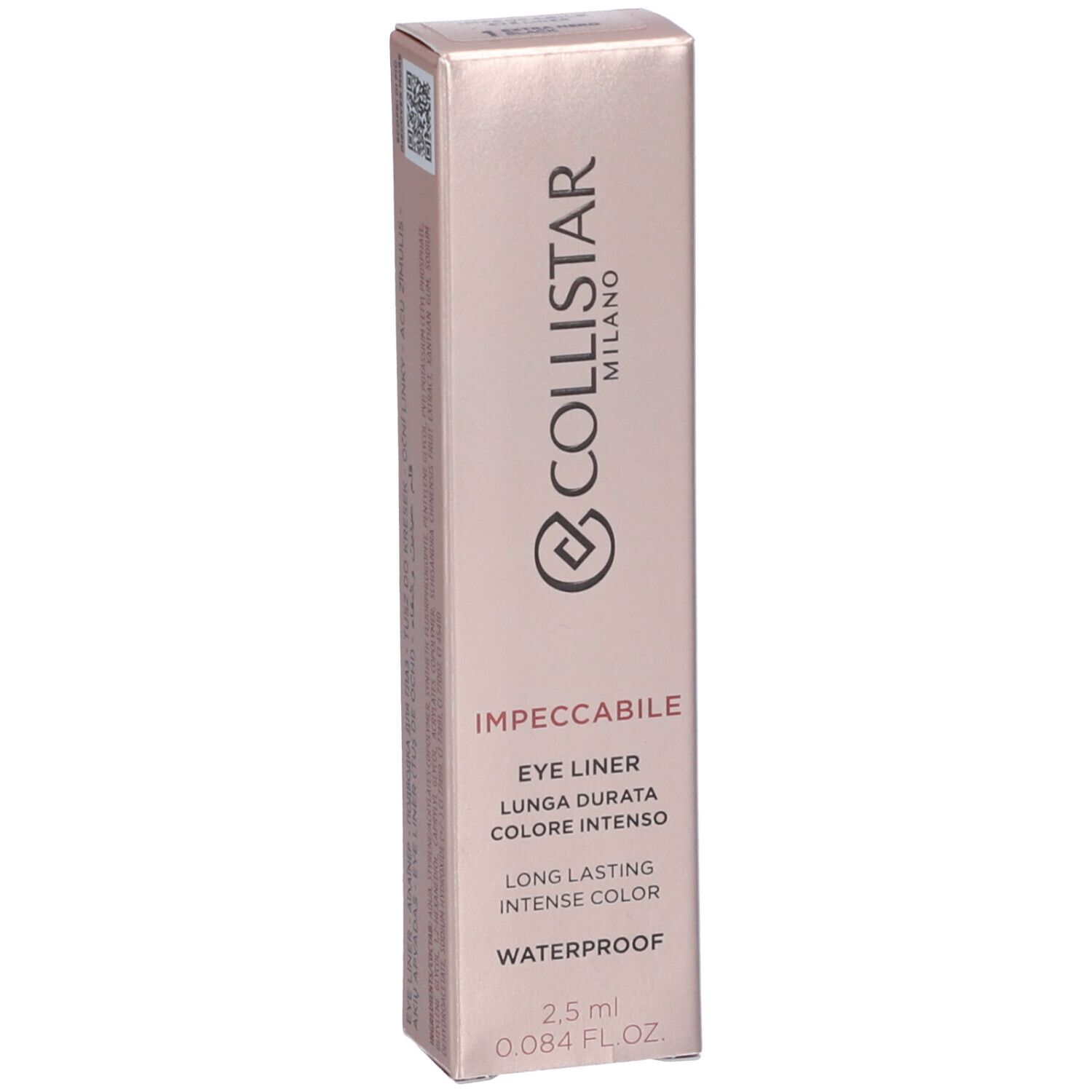 Confezione rosa dorata. Contiene eyeliner. Marchio: COLLISTAR MILANO. Testo: IMPECCABILE, WATERPROOF, 2,5 ml.