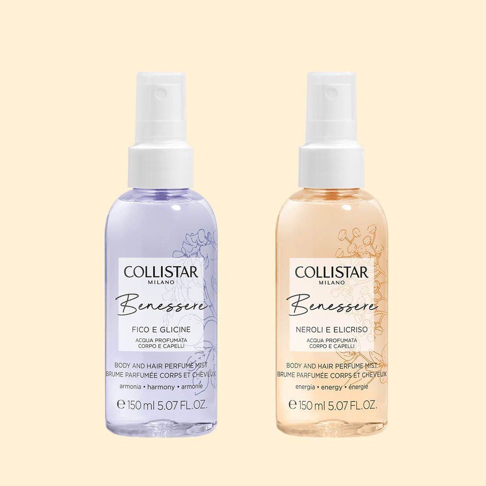 Due flaconi COLLISTAR* BEN. FICO G. ACQUA PROF 150*. Uno viola, uno beige. Etichette con nomi prodotti. Sfondo chiaro.