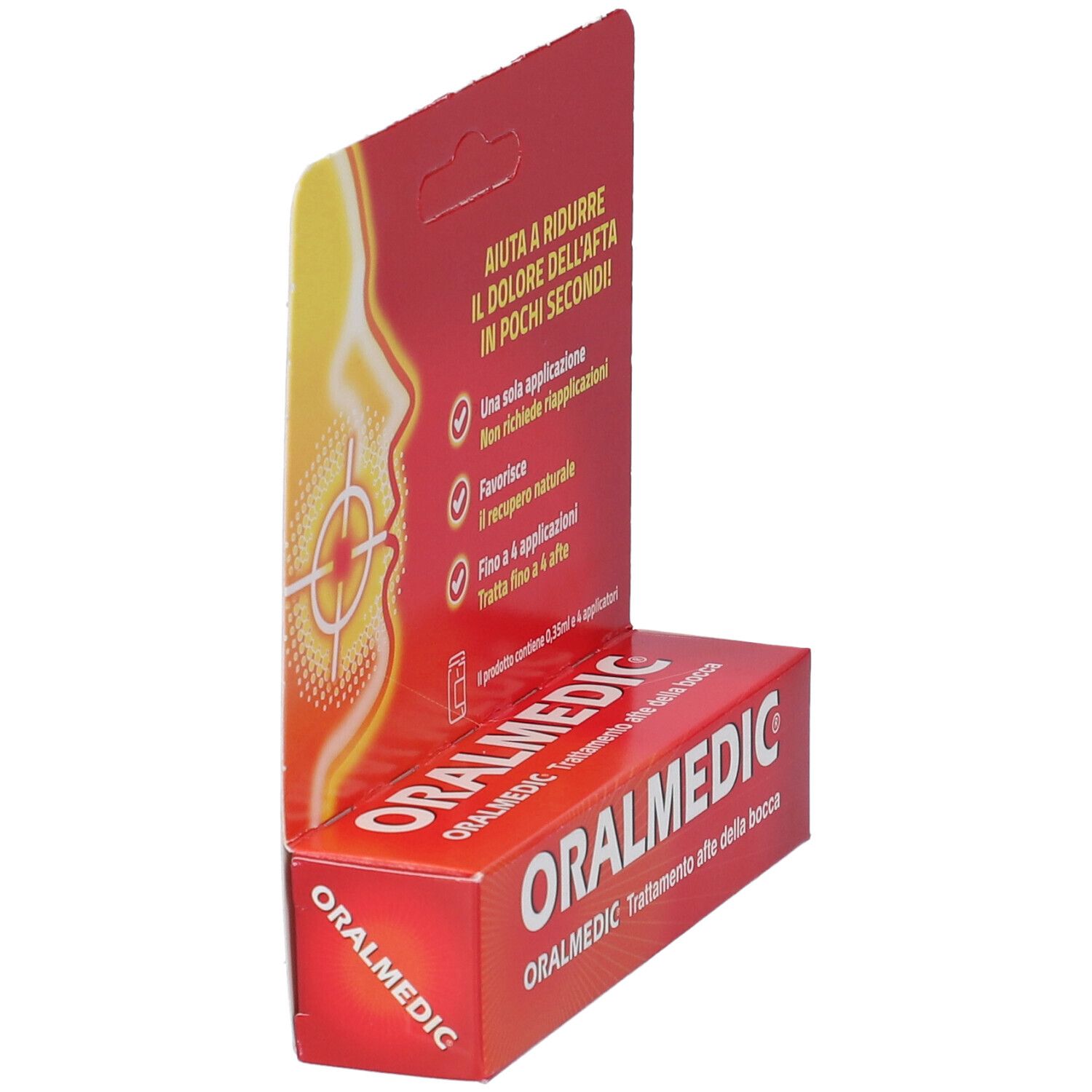 Confezione rossa ORALMEDIC, vista laterale. Scritta: Trattamento afte della bocca. Gancio per appendere.