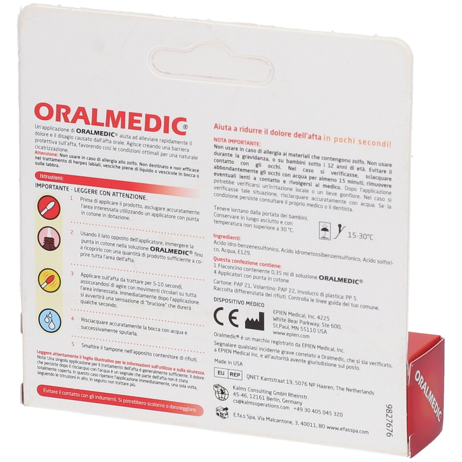 Retro confezione ORALMEDIC. Testo: uso, ingredienti, istruzioni. Marchio CE.