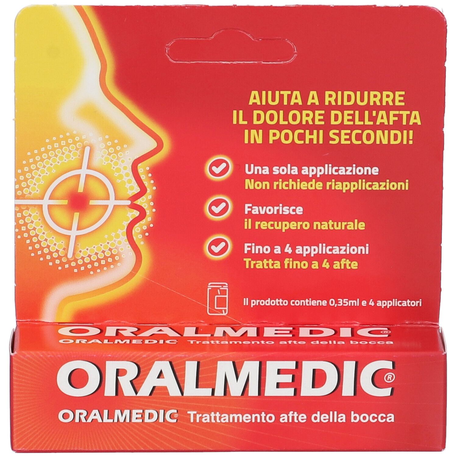 Confezione rossa ORALMEDIC. Scritta: Trattamento afte della bocca. Illustrazione di bocca con punto dolore.