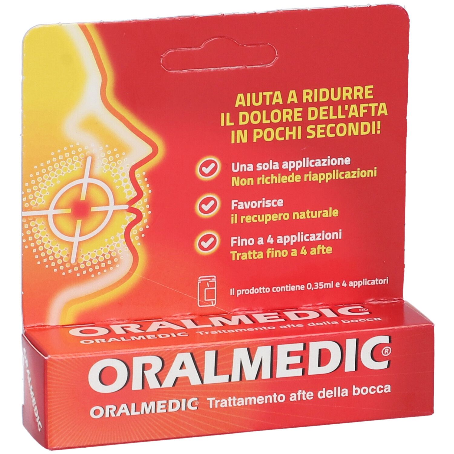 Confezione rossa ORALMEDIC. Scritta: Trattamento afte della bocca. Illustrazione di bocca con punto dolore.