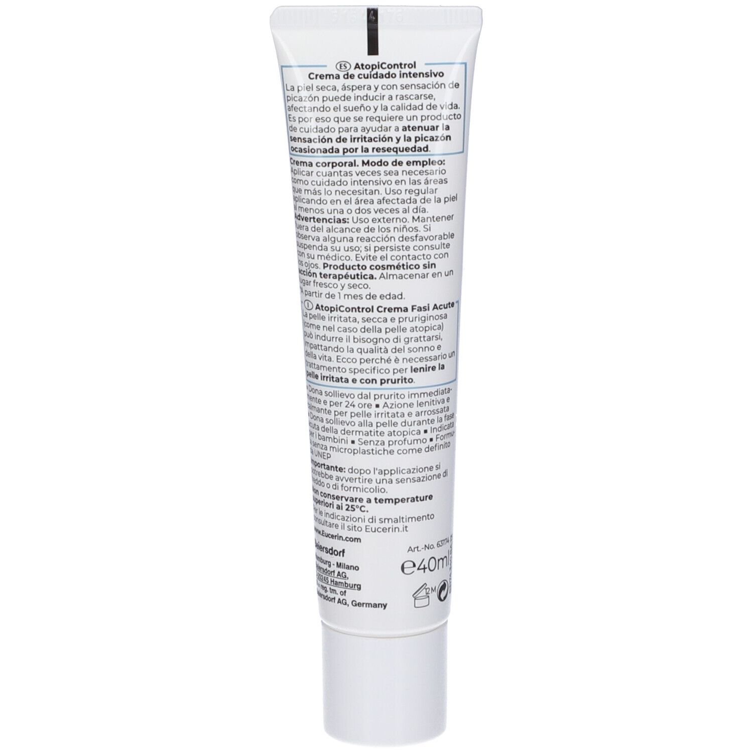 Retro del tubo di crema Eucerin AtopiControl. Testo multilingue. Informazioni sul prodotto.