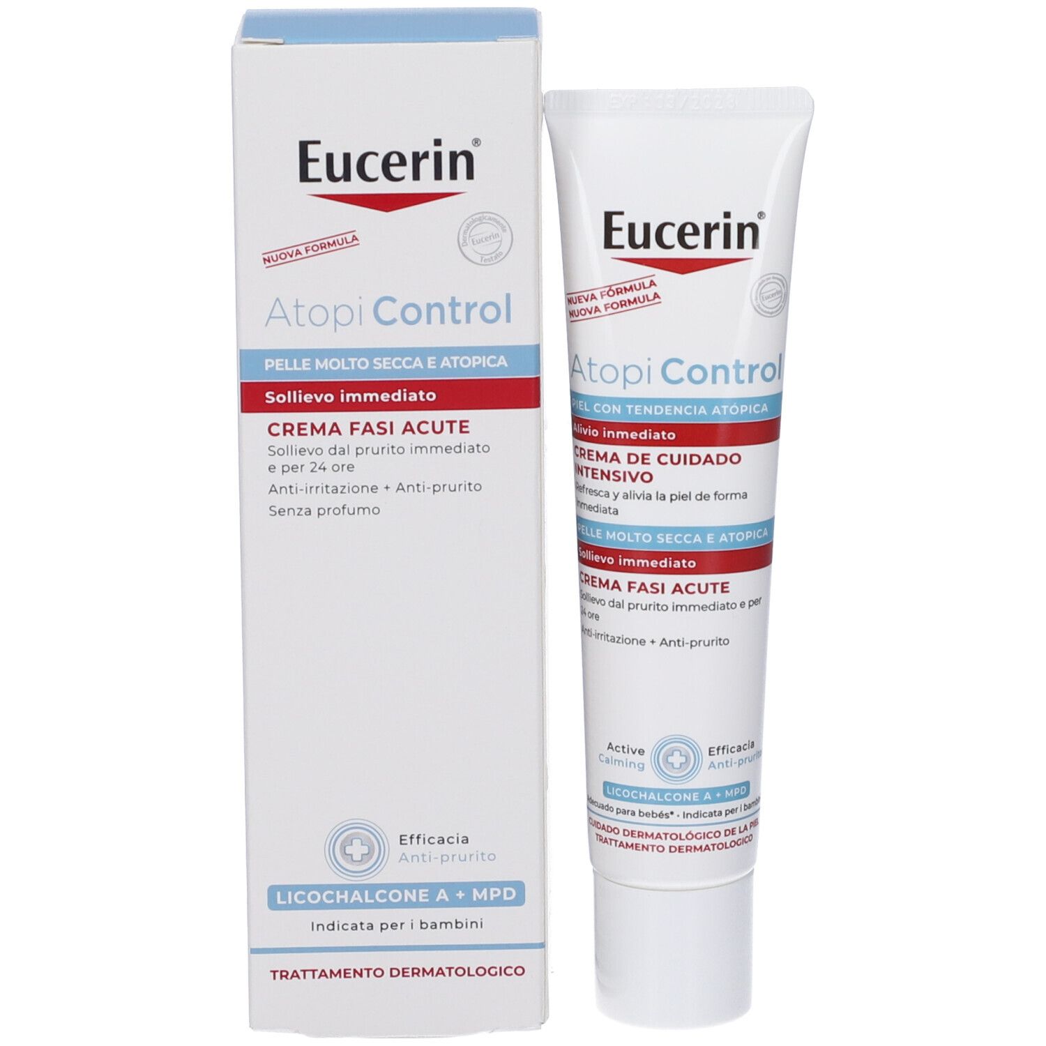 Crema Eucerin AtopiControl e confezione. Crema Fasi Acute. Tubo bianco e scatola con logo e nome del prodotto.