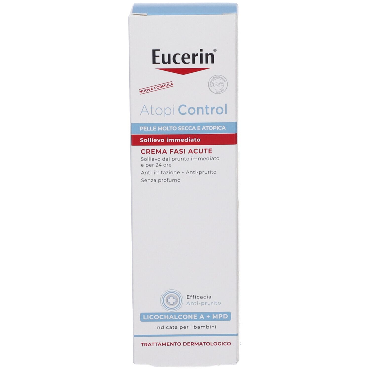 Confezione della crema Eucerin AtopiControl. Crema Fasi Acute. Scatola con logo e nome del prodotto. Colori blu e bianco.