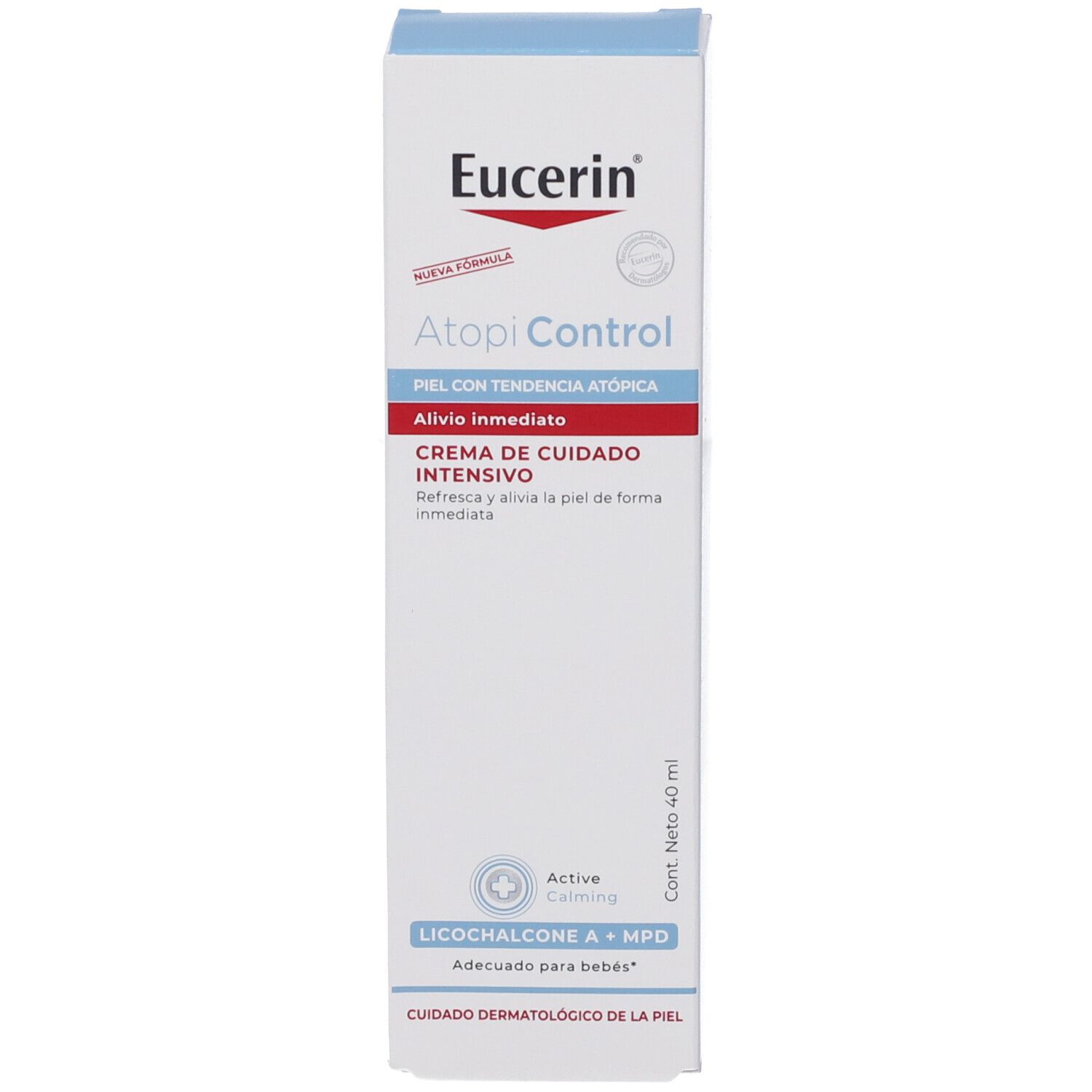 Confezione della crema Eucerin AtopiControl. Crema Fasi Acute. Scatola con logo e nome del prodotto. Contiene testo e logo.
