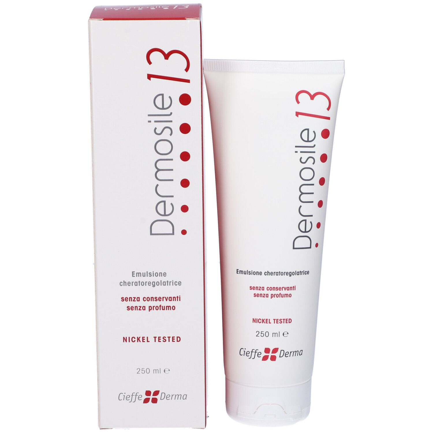 Confezione del prodotto con tubo e scatola. Entrambi con scritta rossa Dermosile 13. Contiene emulsione, senza conservanti e profumo.