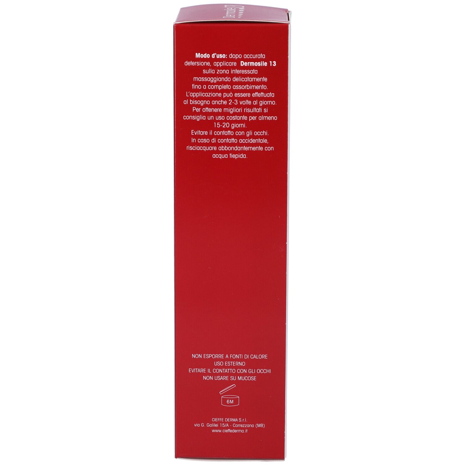 Scatola rossa con testo. Contiene istruzioni per l'uso di Dermosile 13. Avvertenza: non entrare in contatto con gli occhi.