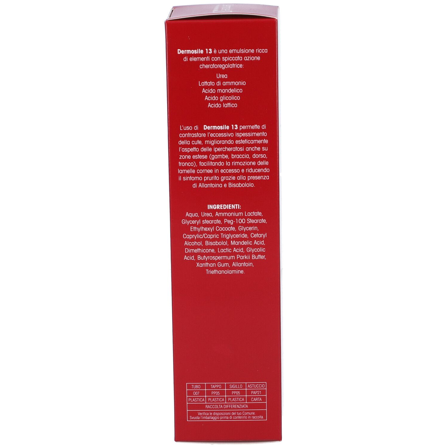 Scatola rossa con ingredienti e descrizione di Dermosile 13. Contiene, tra gli altri, lattato di ammonio, glicerina e allantoina.