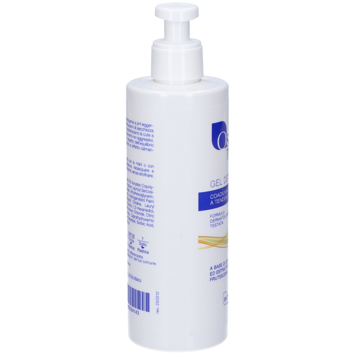 Flacone bianco con dosatore. Testo sul retro. Elementi di design blu e gialli. Codice a barre.