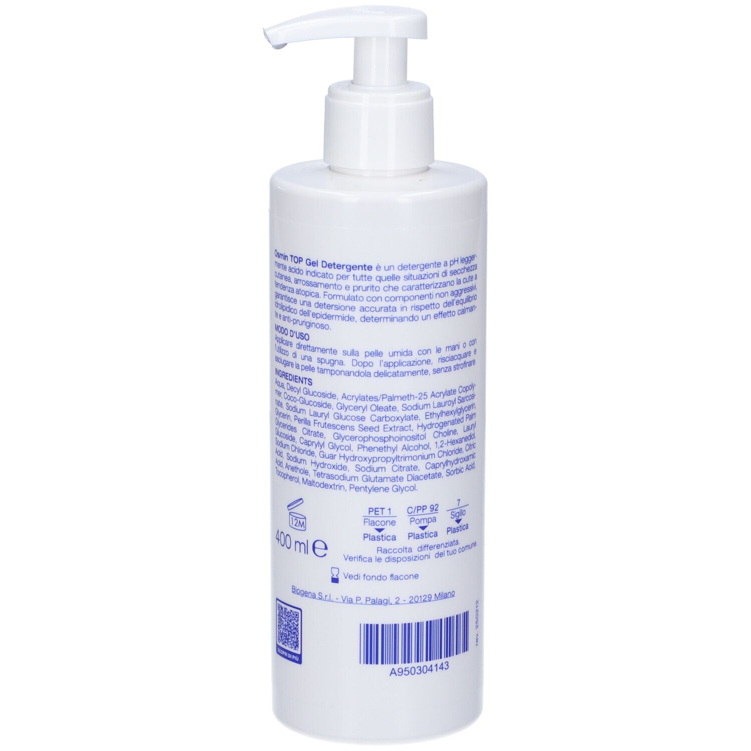 Flacone bianco con dosatore. Testo sul retro. 400 ml. Codice a barre.