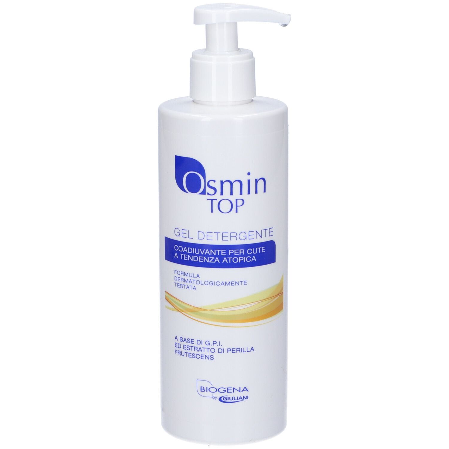 Flacone bianco con dosatore. Scritta Osmin Top, Gel Detergente. Elementi di design blu e gialli.