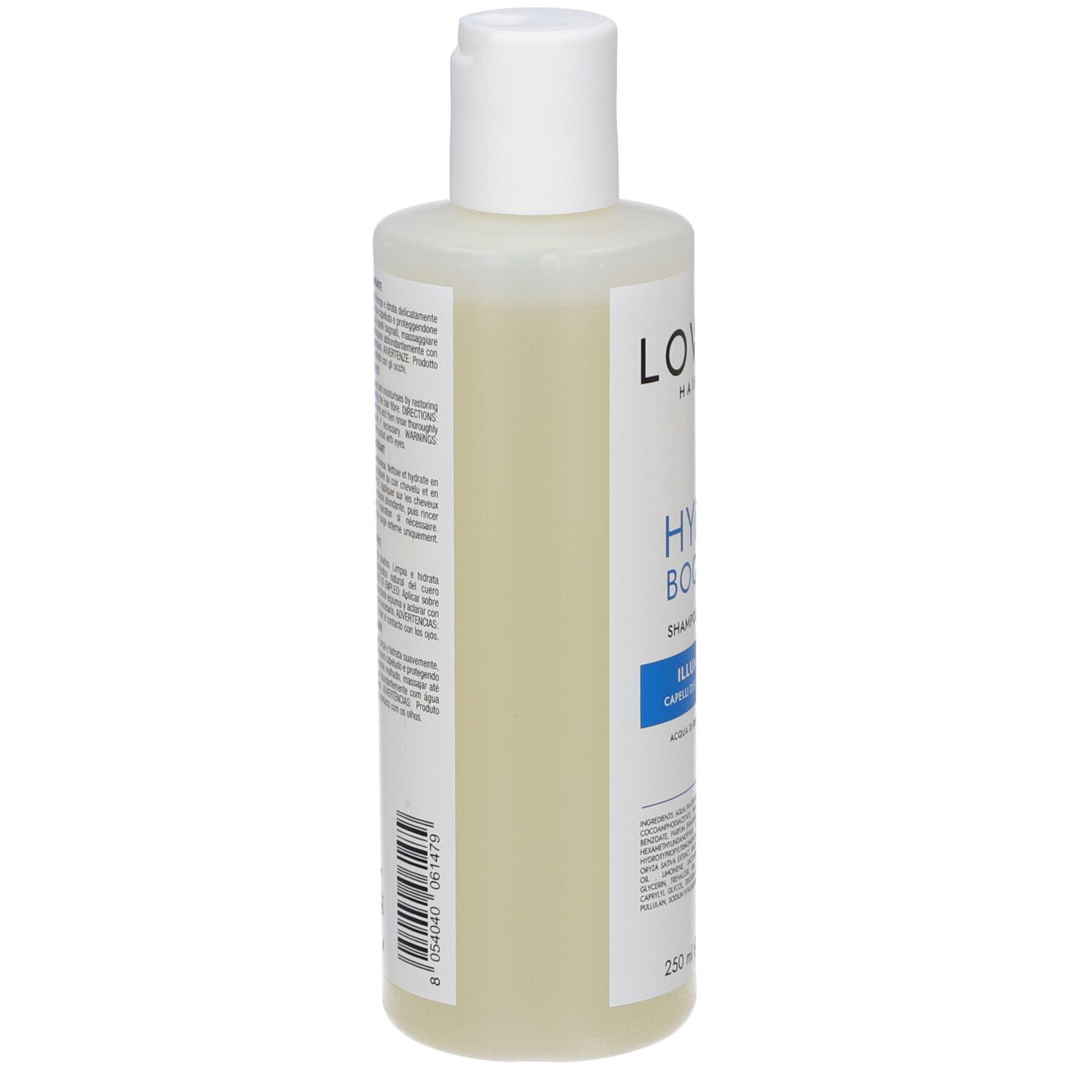 Flacone di shampoo L'Oréal Hydra-Booster con tappo a scatto bianco. Contiene 250ml.