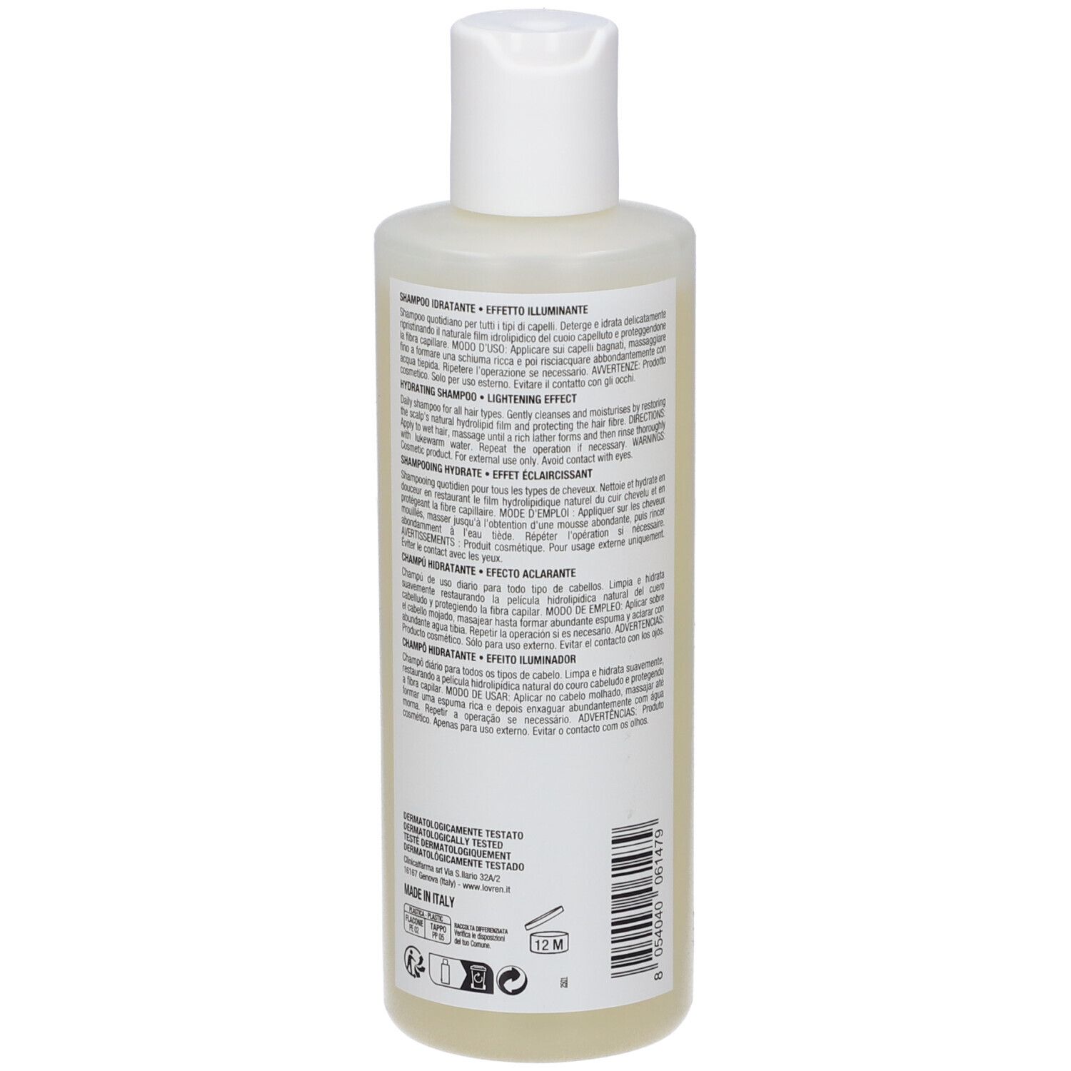 Flacone bianco di shampoo, retro con testo e simboli. Prodotto in Italia.