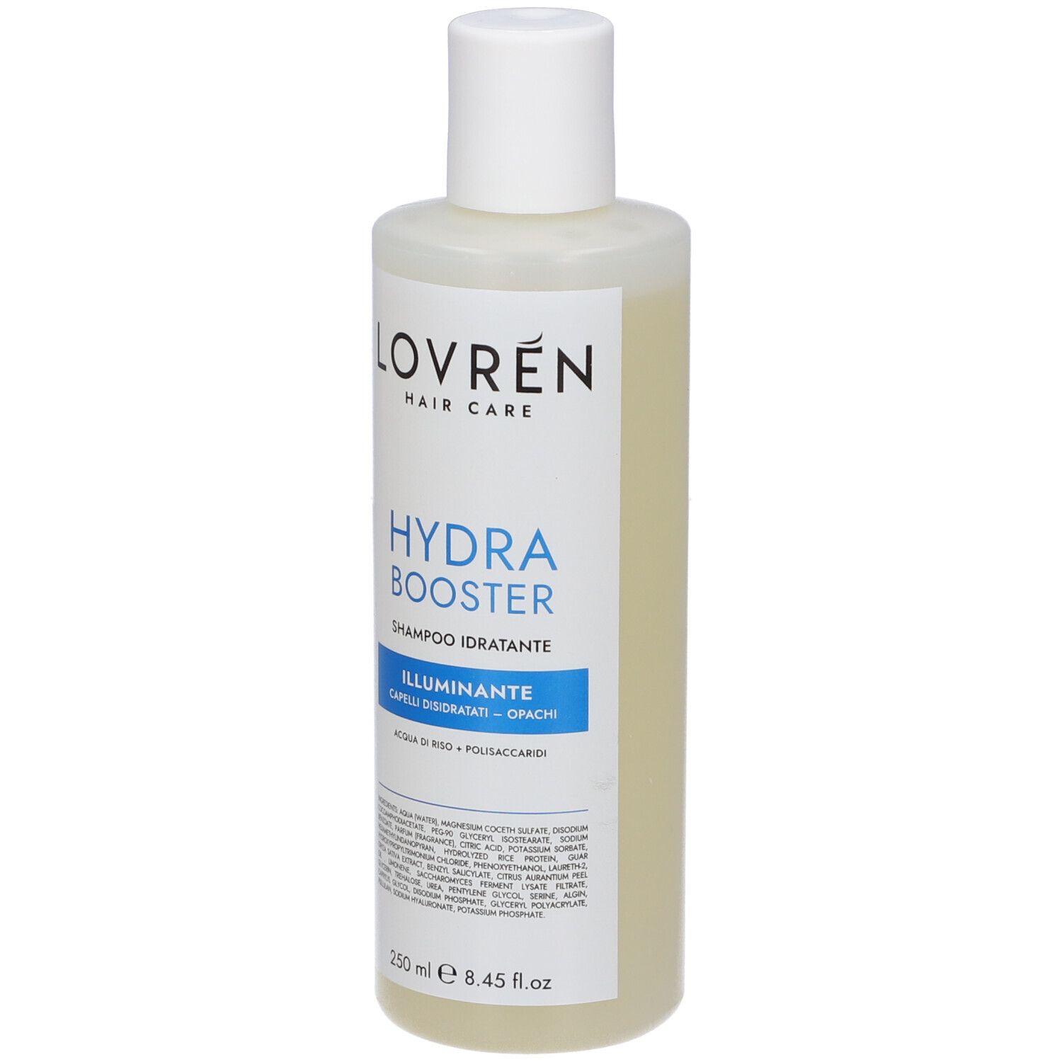 Flacone shampoo Lovrén Hydra Booster, 250 ml, trasparente con tappo bianco.