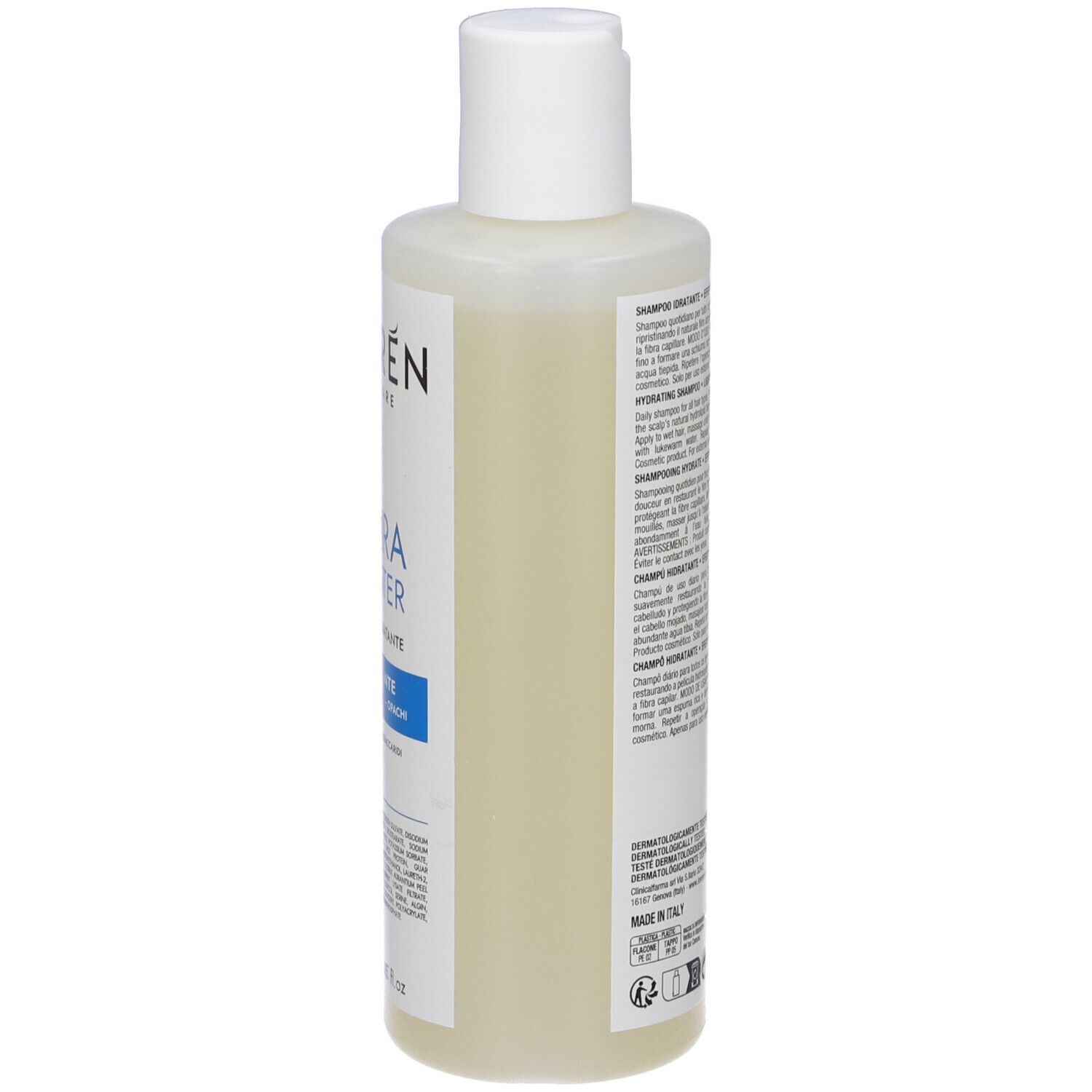 Flacone di shampoo giallo paglierino con tappo a scatto bianco. Etichetta con accenti blu e bianchi.
