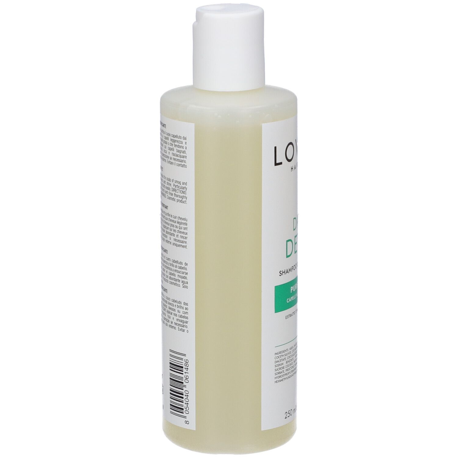 Flacone di shampoo, vista laterale. Tappo bianco, etichetta con testo. 250 ml. Scritta: Lovren Hair Care, Daily Detox.