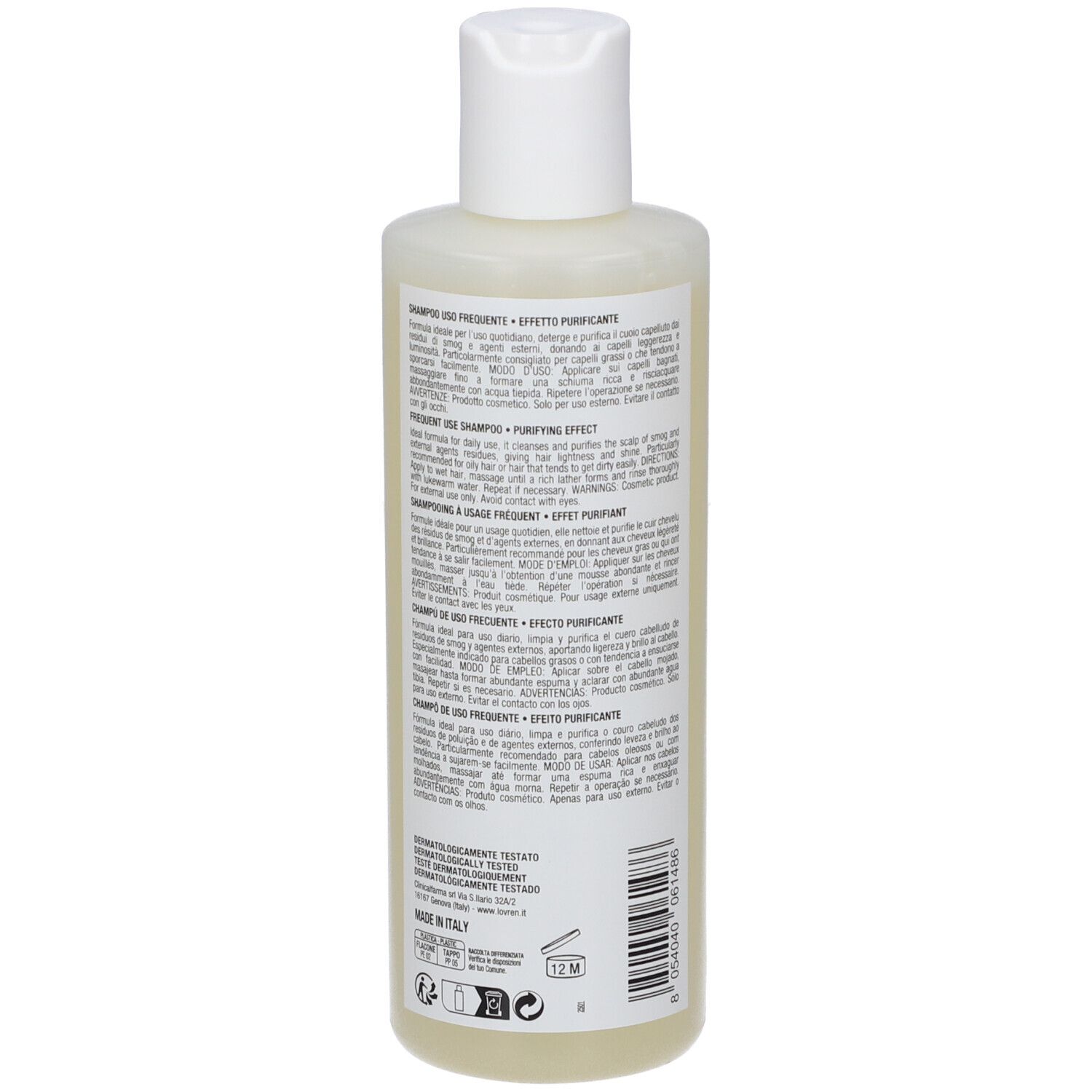 Flacone di shampoo, retro con testo. Tappo bianco. Scritta: Lovren Hair Care, Daily Detox, Purificante. 250 ml.