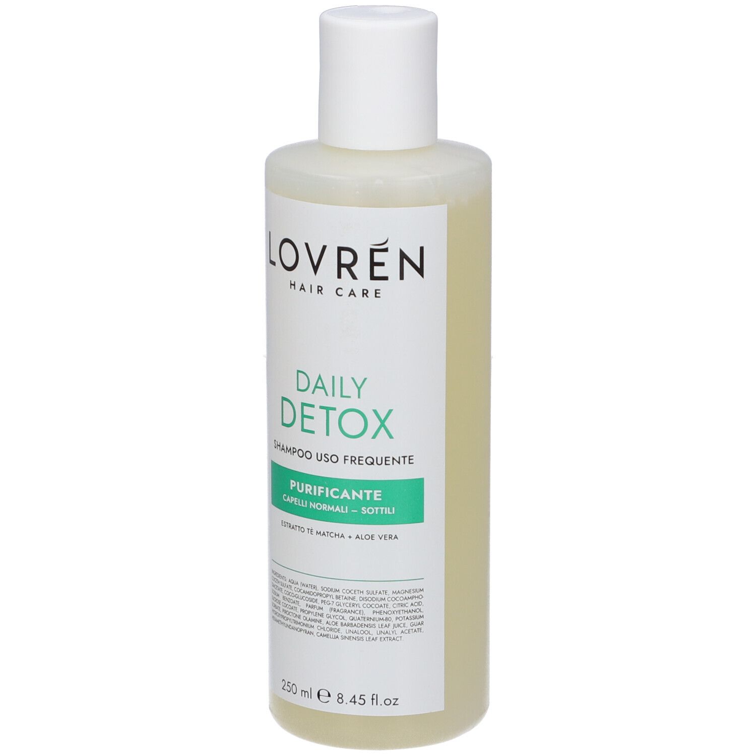 Flacone di shampoo con tappo bianco. Scritta: Lovren Hair Care, Daily Detox, Purificante. 250 ml.