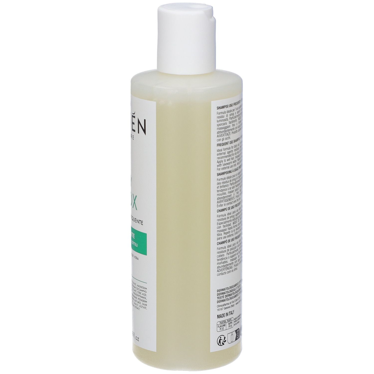Flacone di shampoo, vista laterale. Tappo bianco, etichetta con testo. 250 ml. Scritta: Lovren Hair Care, Daily Detox.