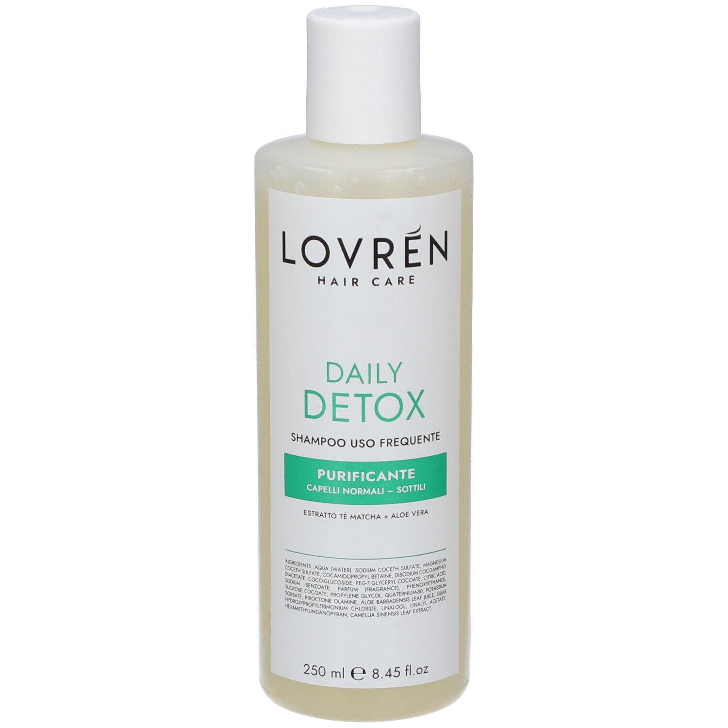 Flacone di shampoo con tappo bianco. Scritta: Lovren Hair Care, Daily Detox, Purificante. 250 ml.