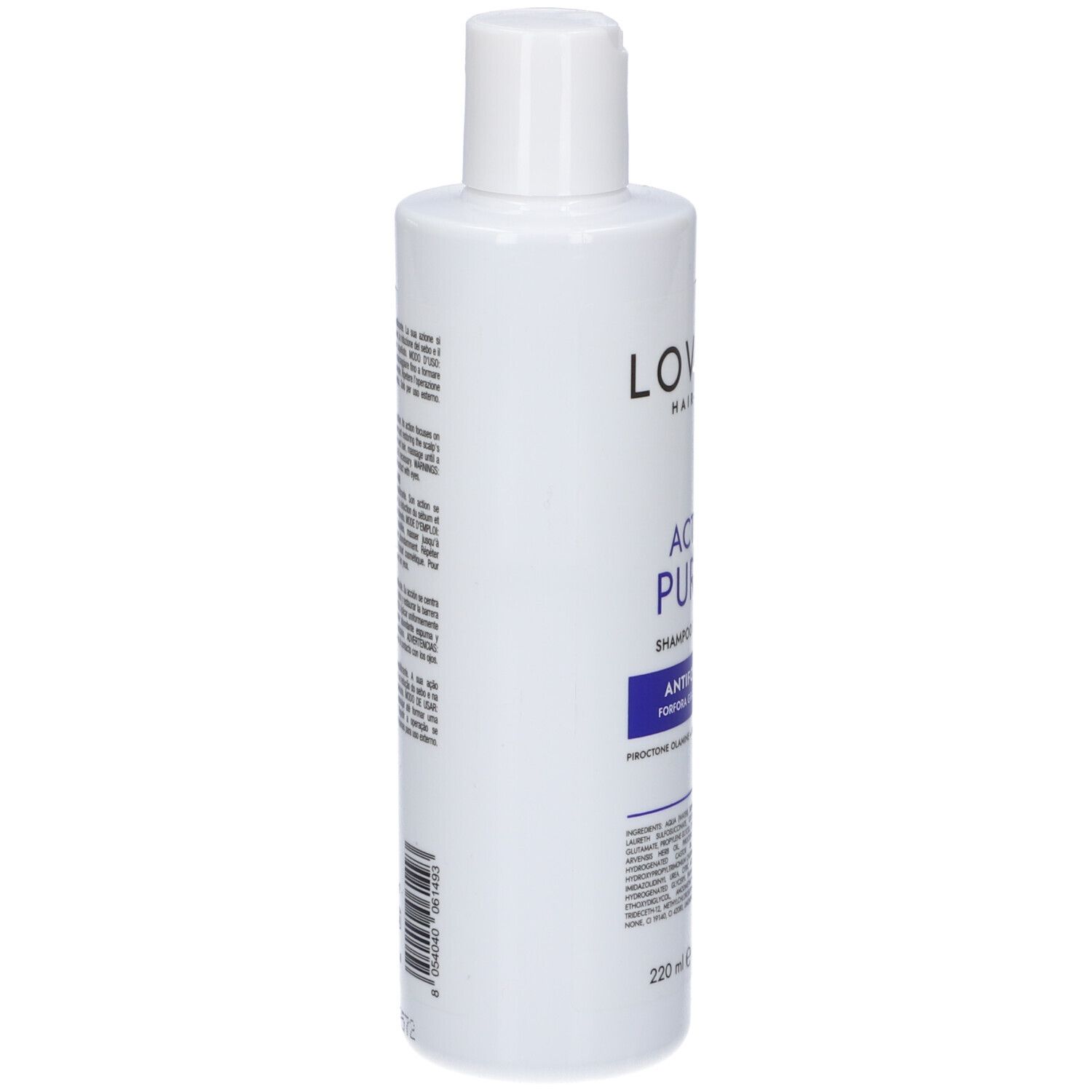 Flacone bianco con etichetta blu, indicazione "AC PURE SHAMPOO" e 220 ml.