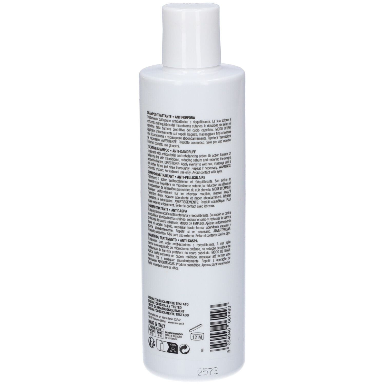 Flacone bianco con etichetta posteriore che elenca ingredienti e istruzioni d'uso multilingue. Simbolo 12M incluso.