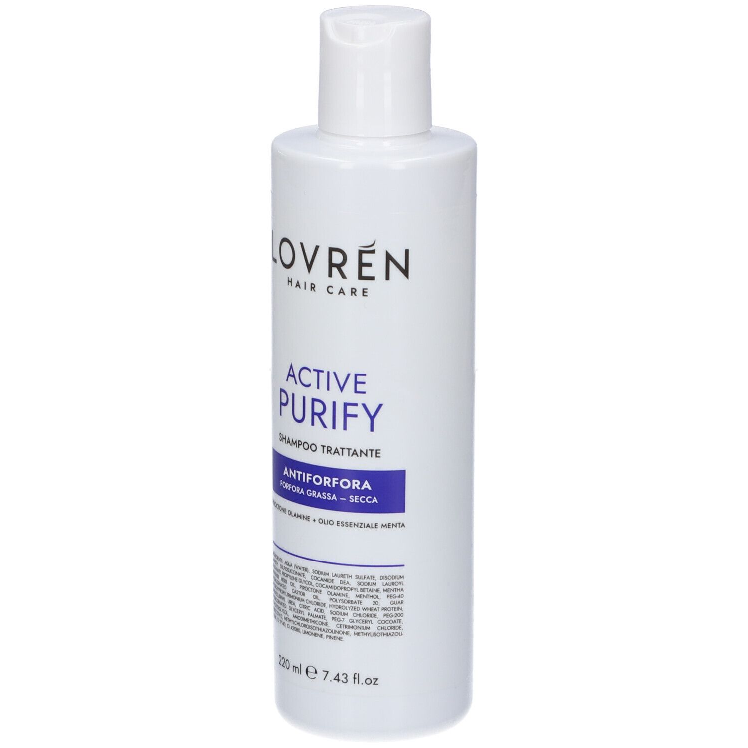 Shampoo Lovren Active Purify, 200 ml, flacone bianco con tappo a scatto bianco.