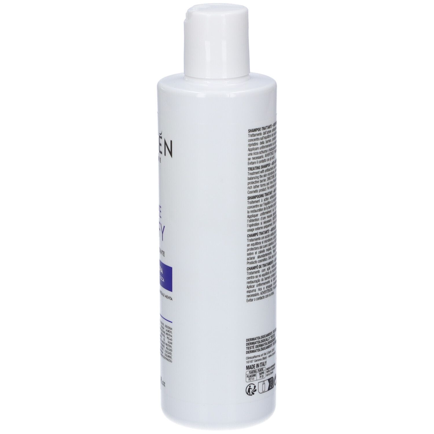 Flacone bianco con tappo a scatto bianco. Etichetta con scritte blu e viola.
