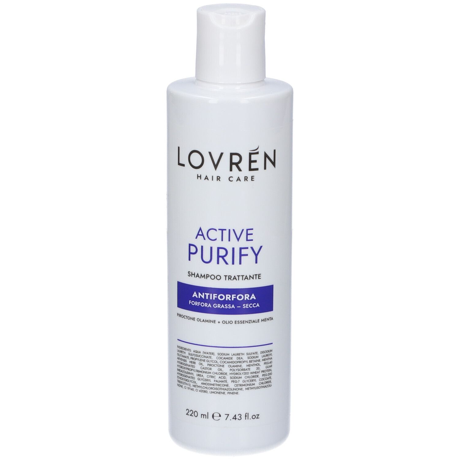 Flacone shampoo Lovrén Hair Care Active Purify, 220 ml, bianco con etichetta blu.