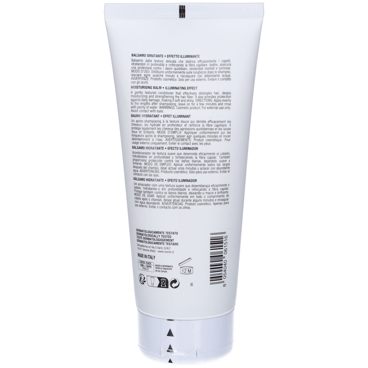 Retro di un tubo bianco. Testo multilingue: Balsamo Idratante, Moisturizing Balm, Baume Hydratant, Balsamo Hidratante.