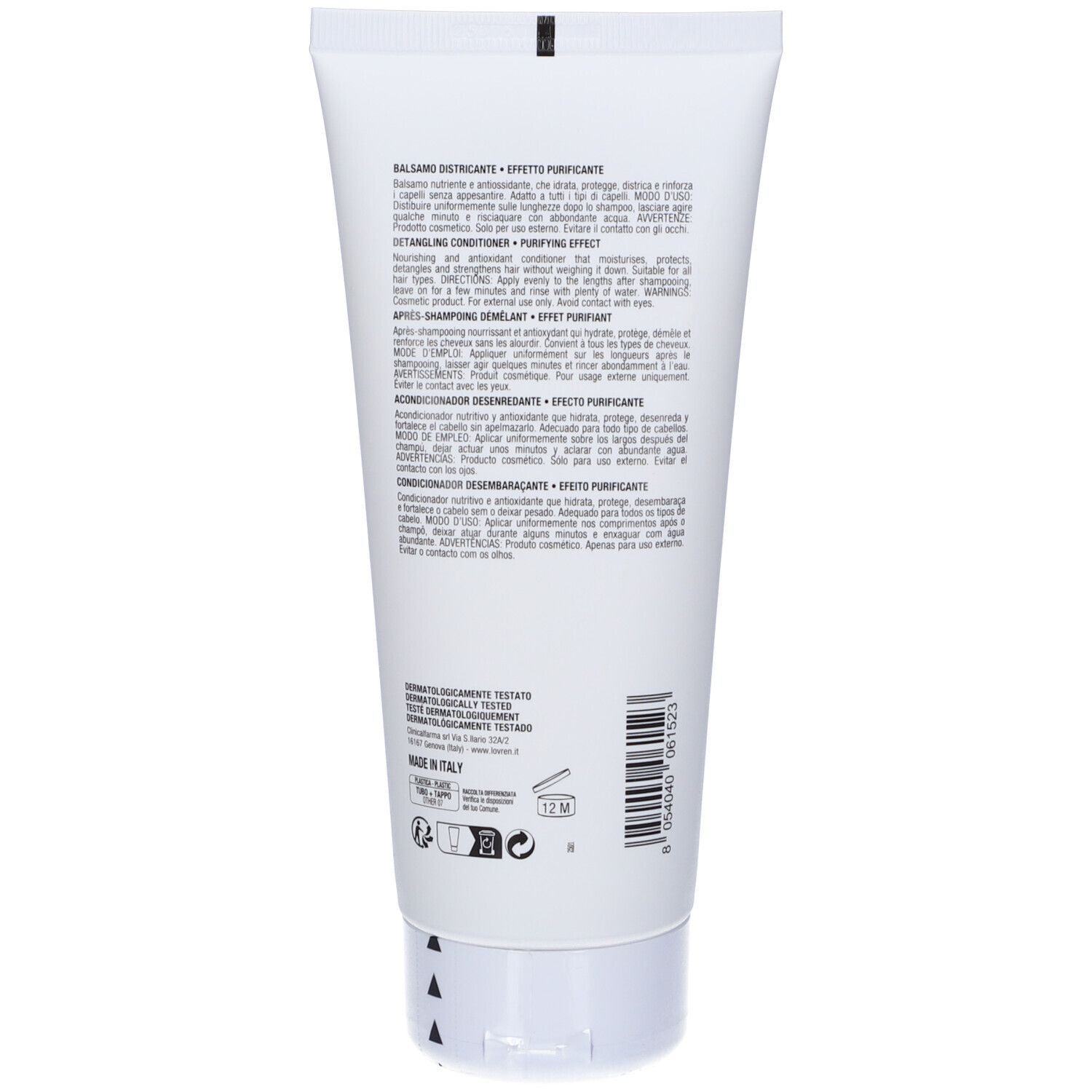 Tubo bianco con balsamo districante ed effetto purificante.
