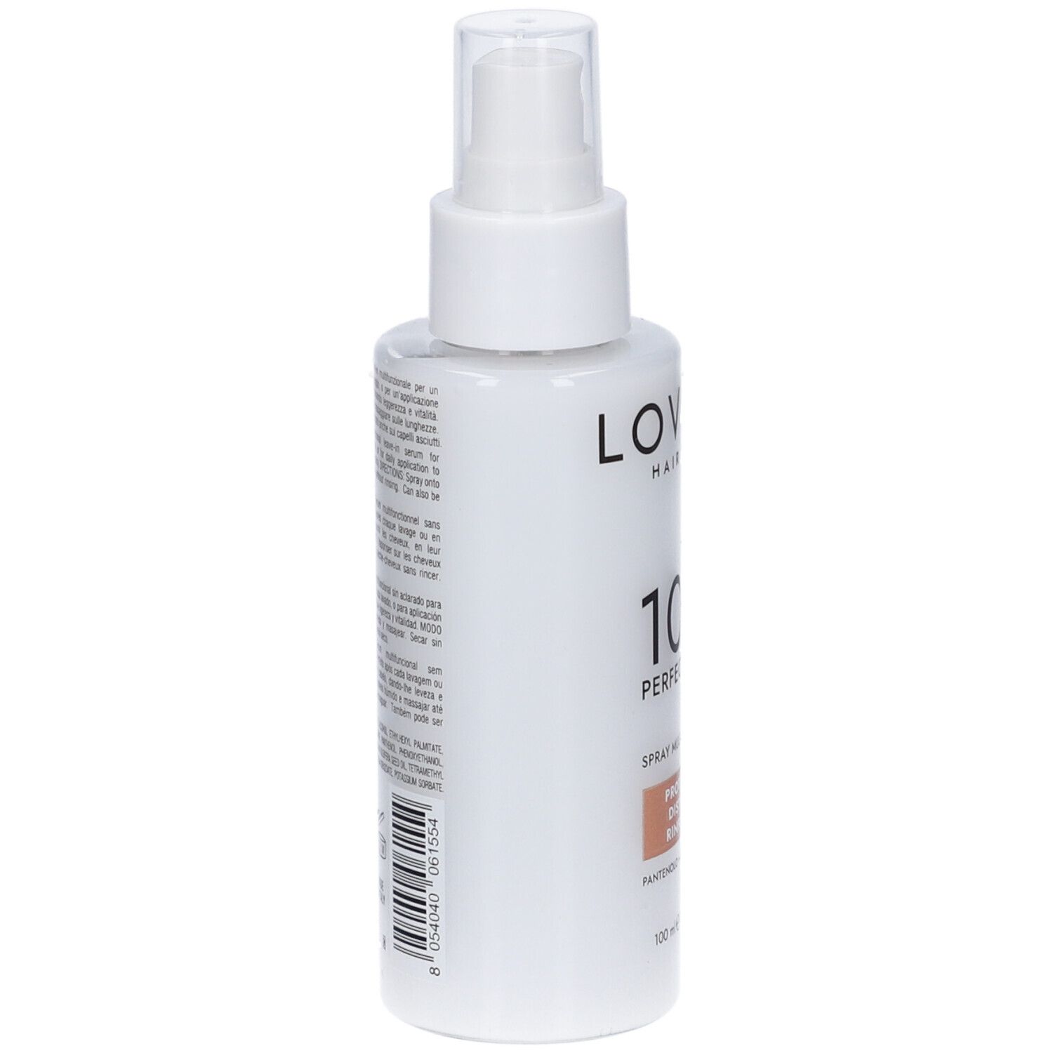 Flacone spray bianco, vista laterale. Testo e informazioni sul retro. Erogatore trasparente.