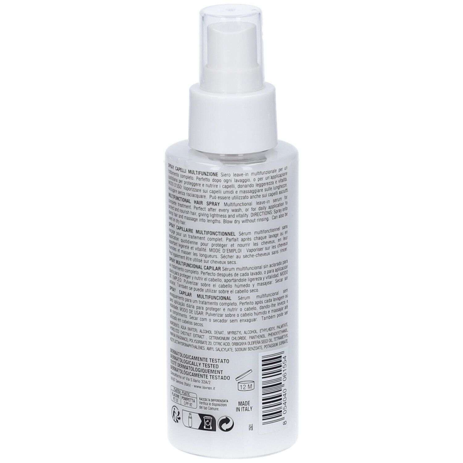 Retro del flacone spray bianco. Testo multilingue. Erogatore trasparente.