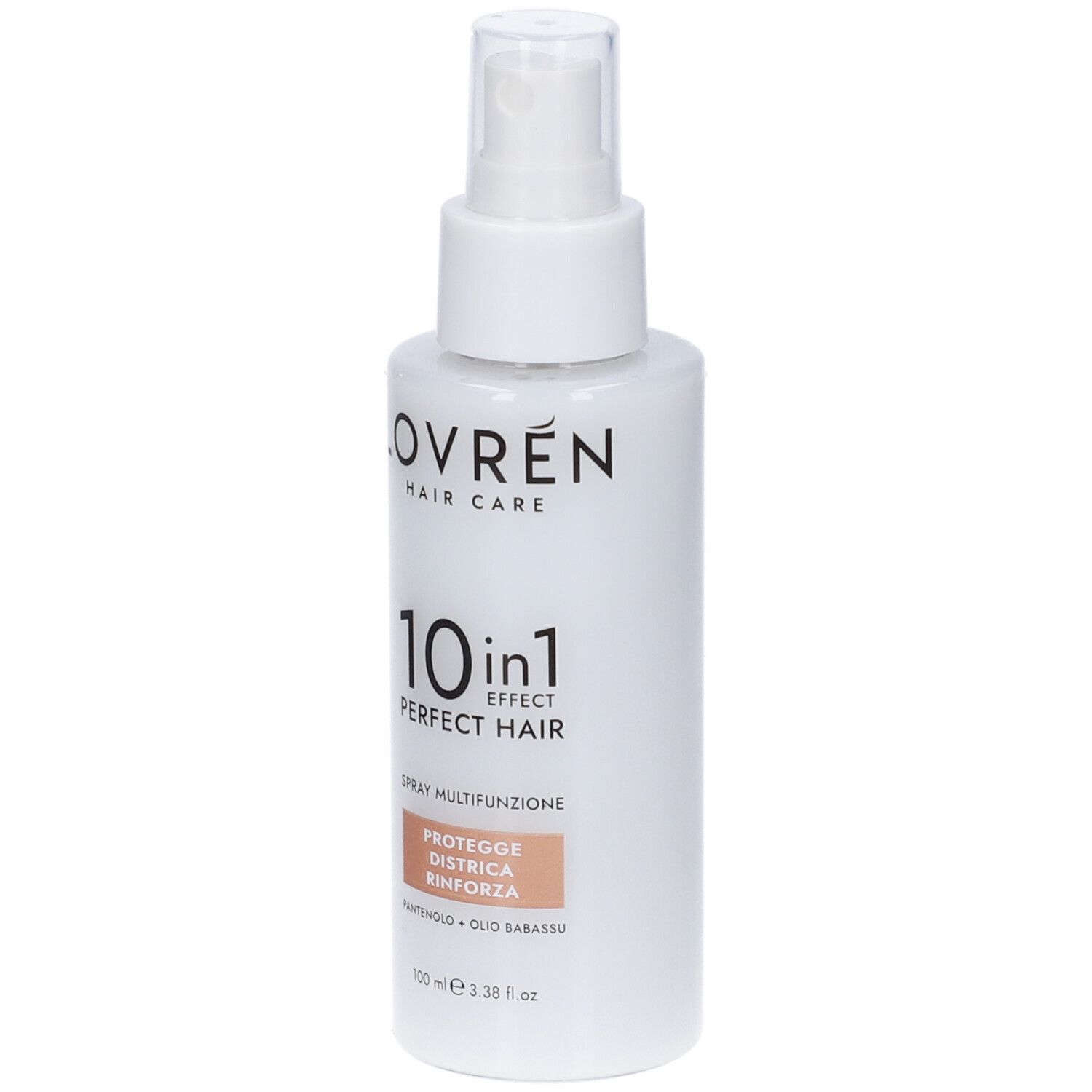 Flacone spray bianco Lovren Hair Care. Testo: 10 in 1 Perfect Hair, Spray multifunzione. Protegge, districa, rinforza.