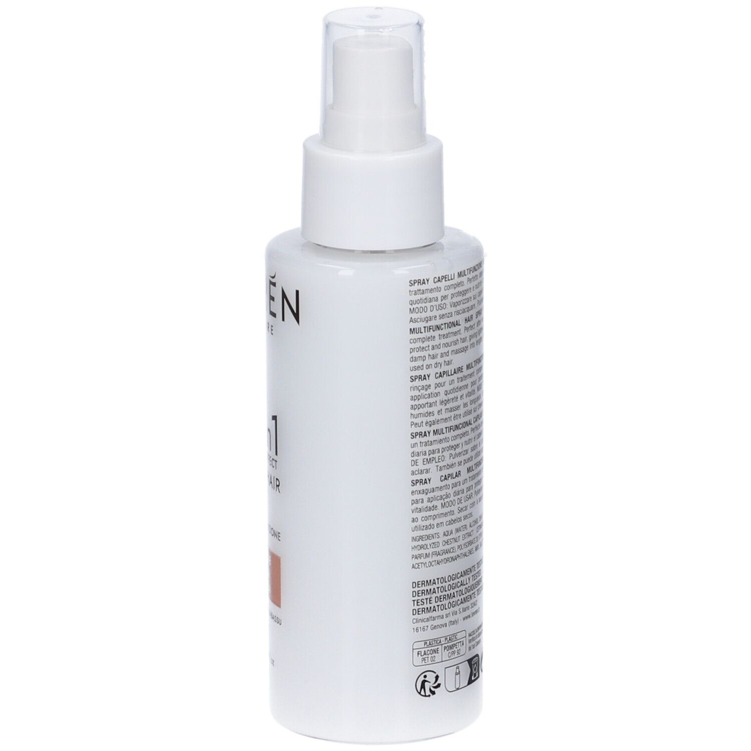 Flacone spray bianco, vista laterale. Testo e informazioni sul retro. Erogatore trasparente.