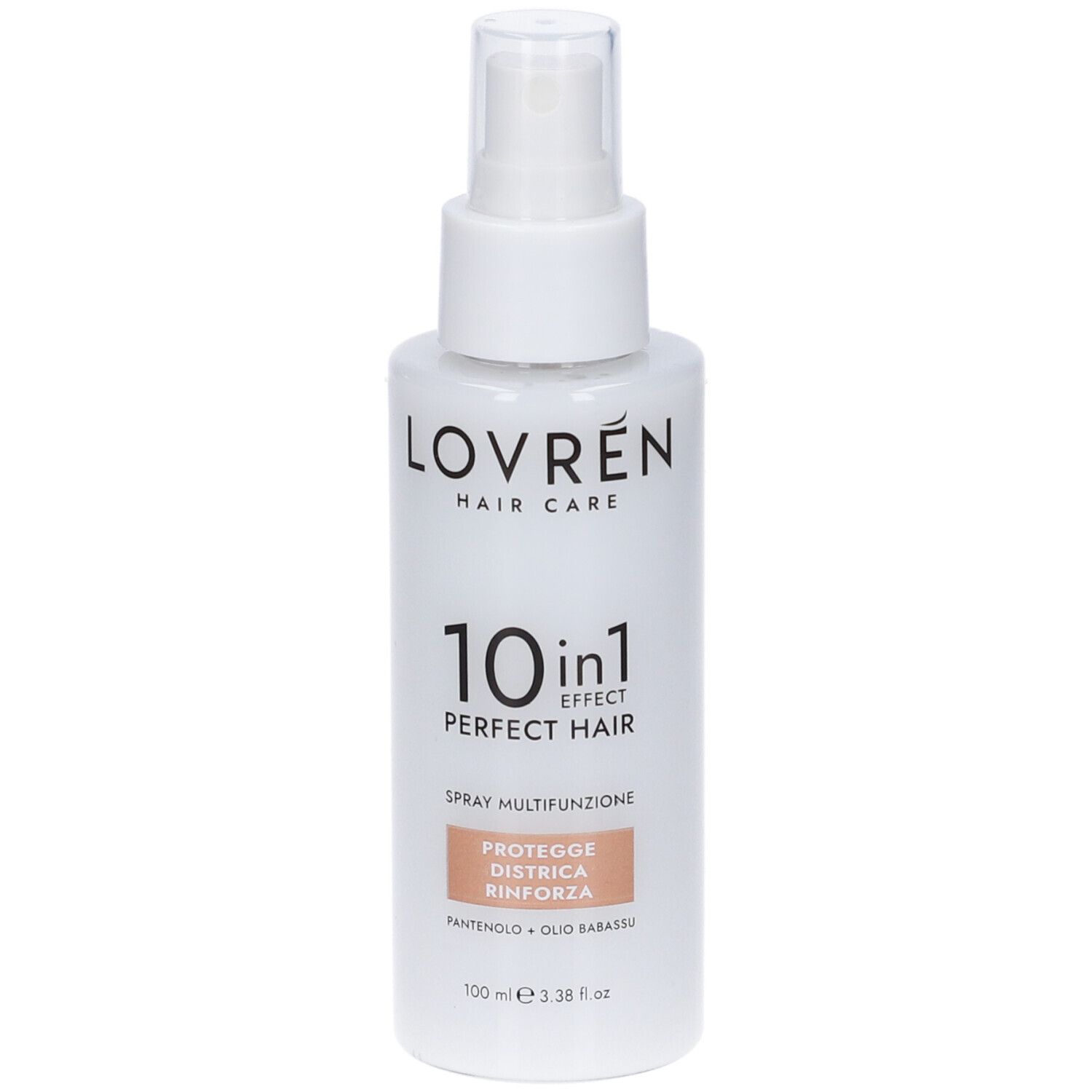 Flacone spray bianco Lovren Hair Care. Testo: 10 in 1 Perfect Hair, Spray multifunzione. Protegge, districa, rinforza.