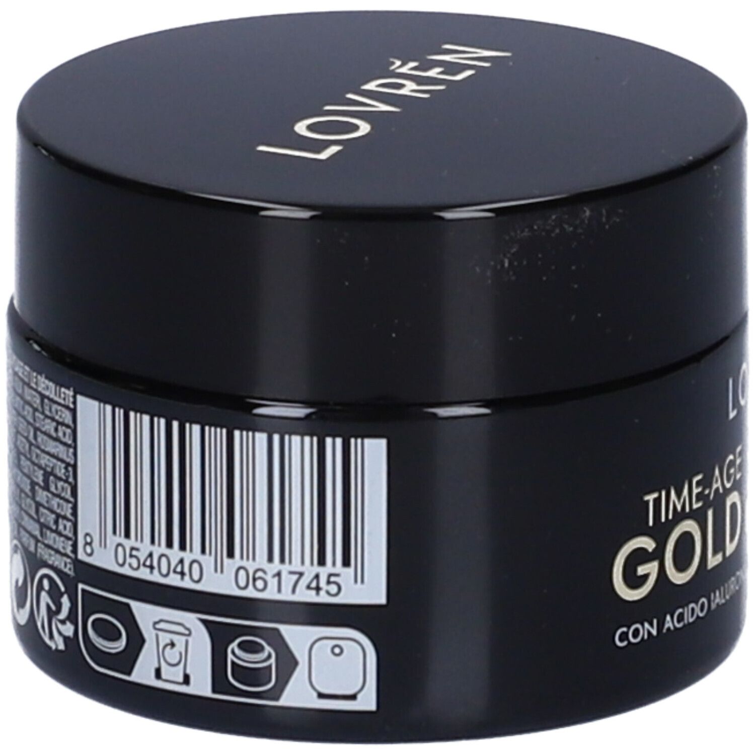 Vasetto nero con coperchio dorato. Codice a barre e testo sul lato. Scritta: TIME-AGE GOLD, CON ACIDO IALURONICO.